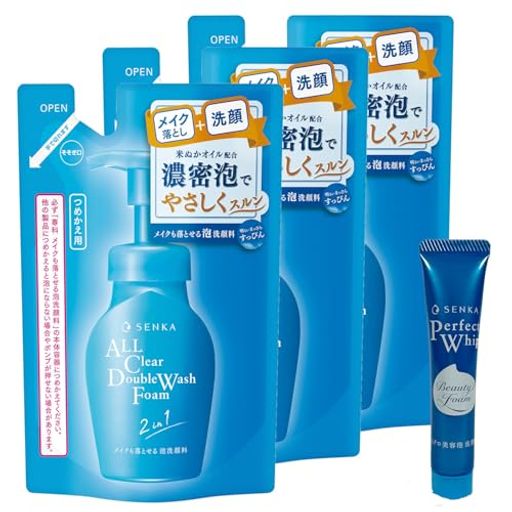 SENKA Makeup-Removing Foaming Face Wash - Refillable 130mL x 3 Pack + Sample - Removes Makeup, Pores, and Dirt, Mascara, Can be Used with Wet Hands, Eyelash Extensions, No Double Cleansing Required