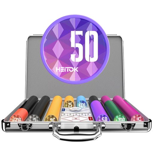 HEITOKポーカーチップポーカーセット500枚数字入り11.5Gカジノチップトランプ2組とサイコロ5個が付属ABS製チップアルミ製スーツケース入り