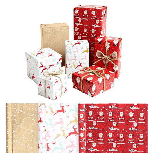 BESTOYARDクリスマス包装紙ラッピングペーパークリスマスギフト梱包ラッピング用品サンタ雪だるまトナカイ新年誕生日店舗用3ロール(混合色)
