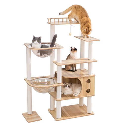 PETTIFUL キャットタワー 木製 据え置き 多頭飼い おしゃれ シニア 大型猫 宇宙船 【滑り止めマット付き】 クリアボウル 木目 インテリア性 大型 省スペース 成猫 子猫 人気 安定性高い 上下…