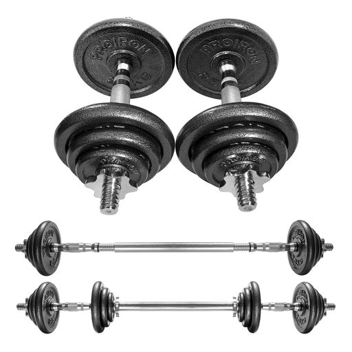 PROIRONダンベル可変式30kg純鋳鉄15kg2個セットコネクション・チューブ(延長用シャフト)でバーベルにもなれるダンベルホームジム筋トレーニングとウェイトリフティング用(合計30kg)