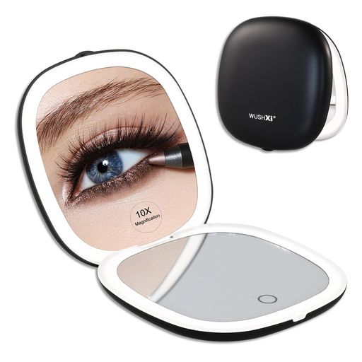 LED化粧鏡10倍拡大鏡付き、折りたたみ式ミラ-三色調光メモリ一機能、軽量コンパクト、持ち運び便利、旅行・プレゼント最適