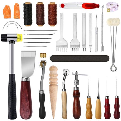 レザークラフトキット 革工具セット 初心者 練習 工具 ハンマー 千枚通 革包丁 革用針と糸 打ち具セット DIY 手作り 手縫い (38個セット)