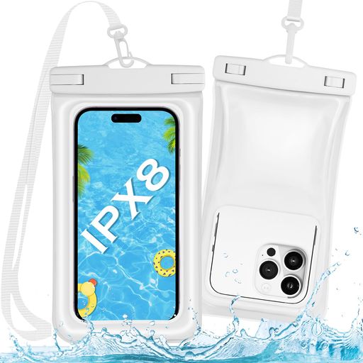 【水に浮くエアタイプ】スマホ防水ケースお風呂IPX8認定フック式ストラップ付き両手解放指紋認証FACEID認証対応通話可水中撮影密封沈まないIPHONEANDROID4-7.5インチ全機種対応(ホワイト)