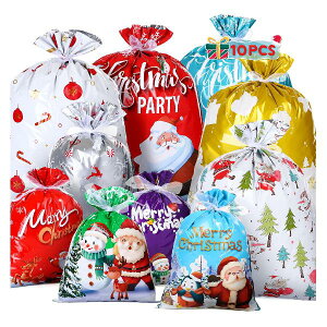 LIHAO クリスマス ラッピング 袋 10枚入 プレゼント 袋 クリスマスラッピング ギフトバッグ 4サイズ 小 大 特大 らっぴんぐ袋 グリーティングバッグ 10デザイン カラフル 10本リボン付き