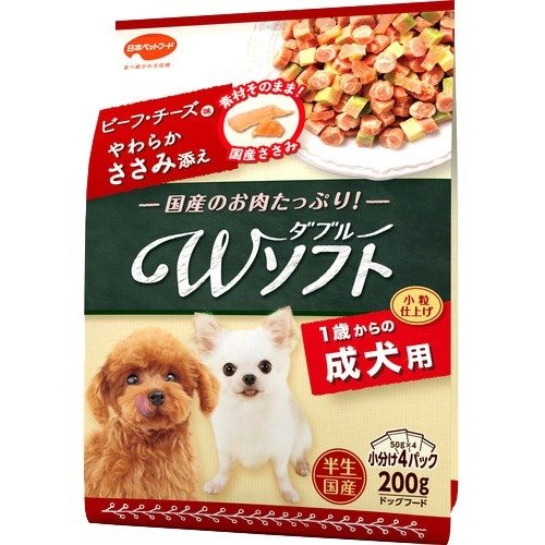 日本ペットフードビタワン君のWソフト 成犬用 ビーフ チーズ味 やわらかささみ添え200g 北海道、 ...