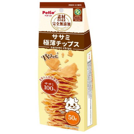 食品添加物は一切使用せず、良質たん白質豊富な鶏ササミを100％使用しました。パリッと食感でそのままでも、好みのサイズに割っても食べやすい極薄仕上げのササミチップス。穀物不使用なので、穀物アレルギーのワンちゃんにも安心。農林水産省認定 鳥加熱処理工場製造。 用途：間食 年齢：6ヶ月～ 内容量・商品重量：50g おやつ分類：ササミ系 原産国：中国 カロリー(100g当たり)：378Kcal 給与量 給与量：幼犬（生後6ヶ月～）　6枚以内 給与量：超小型犬～5kg　11枚以内 給与量：小型犬5kg～10kg　18枚以内 給与量：中型犬10kg～20kg 31枚以内 給与量：大型犬20kg～35kg 47枚以内 給与量：超大型犬35kg～　62枚以内 原材料：鶏ササミ 成分値 たん白質：73.5％以上、脂質：2.5％以上、粗繊維：0.5％以下、灰分：5.5％以下、水分：12.0％以下※※商品画像はイメージです。 メーカー都合等により、予告なくパッケージ、仕様（原材料、生産国、色、形状、サイズ等）の変更がある場合がございます。 あらかじめご了承ください。