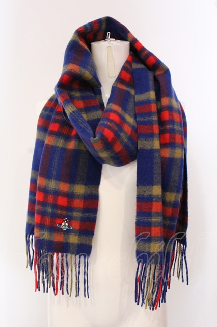 税込3980円以上購入で【送料無料】【USED】Vivienne Westwood / 銀オーブタータンチェックマフラーヴィヴィアンウエストウッド ビビアン ブルー 【中古】 O-25-03-23-016-gd-IG-OS