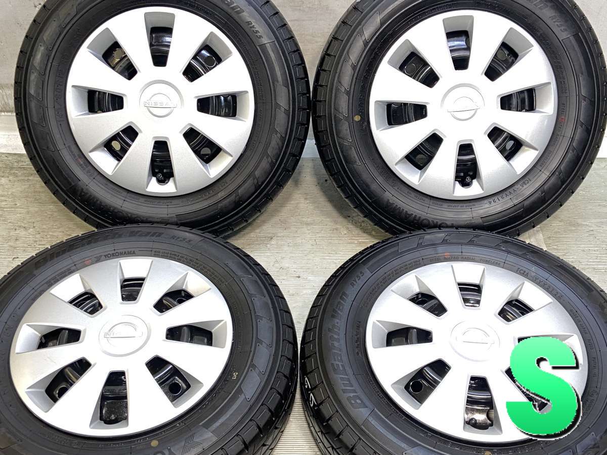 145/80R12 80/78LT ヨコハマ ブルーアースVAN RY55 日産純正 12x4.0 100-4穴 中古タイヤ サマータイヤ ホイールセット 4本セット