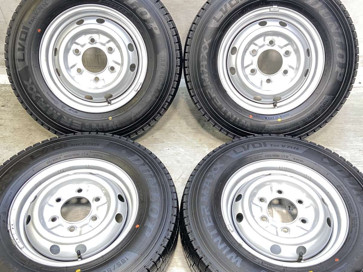 185/80R14 102/100LT ダンロップ ウィンターマックス LV01 for VAN 　 14x5.0 139.7-6穴 中古タイヤ スタッドレスタイヤ ホイールセット 4本セット