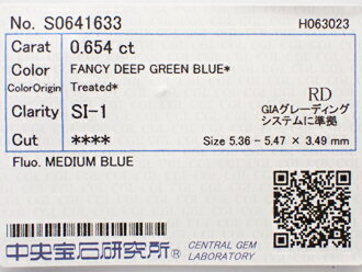 0．654ct　FANCY　DEEP　GREEN　BLUE（色処理）　SI1　ダイヤモンド　ルース