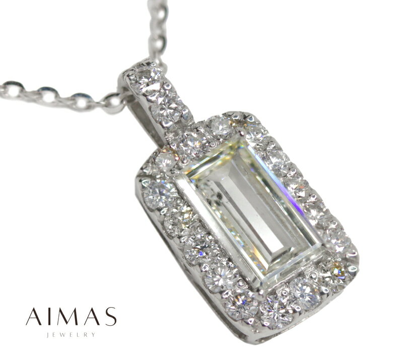 メインダイヤモンド 1.368ct (L SI1) ネックレス PT900 K18WG プラチナ 18金ホワイトゴールド ステップカット スクエア 長方形 ダイヤ取り巻き ダイヤネックレス ペンダント 1ctアップ 4月誕生石 ＜ソーティング＞ 金剛石 【新品】【ジュエリー】【送料無料】MEP