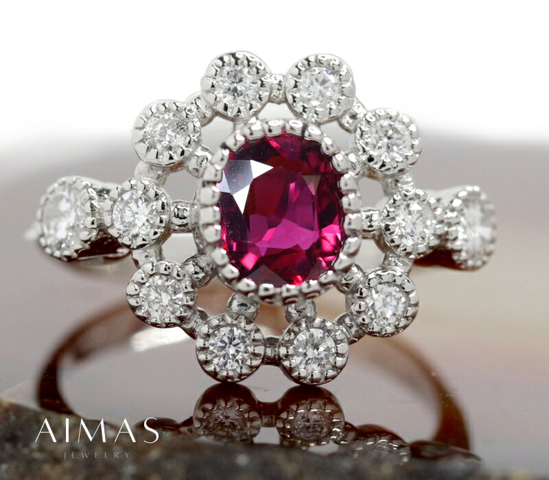 【クーポン】ルビー 1.1ct ダイヤモンド リング 12号 PT900 プラチナ 指輪 オーバル 覆輪留め ミル打ち ミルグレイン お花 フラワー 1ctアップ 7月誕生石【新品】【ジュエリー】【送料無料】RMB.T