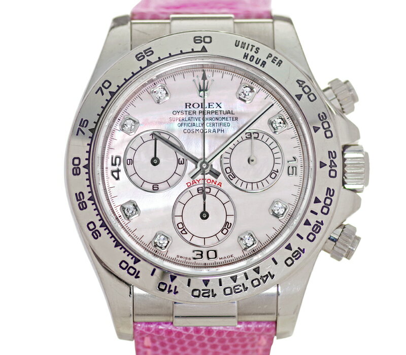 【大幅値下げ!】【ROLEX】ロレックス コスモグラフ デイトナ 116519NG Y番 ピンク シェル 文字盤 マザーオブパール 8PD ダイヤモンドダイアル K18 WG ホワイトゴールド 金無垢 WG無垢 リザード純正ベルト 純正バックル メンズ 自動巻き【中古】【送料無料】【腕時計】