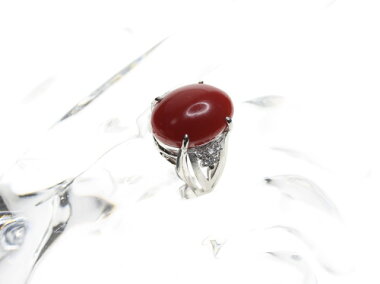 【ジュエリー】赤珊瑚赤サンゴ赤さんごH18.3mm×W13.4mmダイヤモンド0.27ctリング12号PT900【】