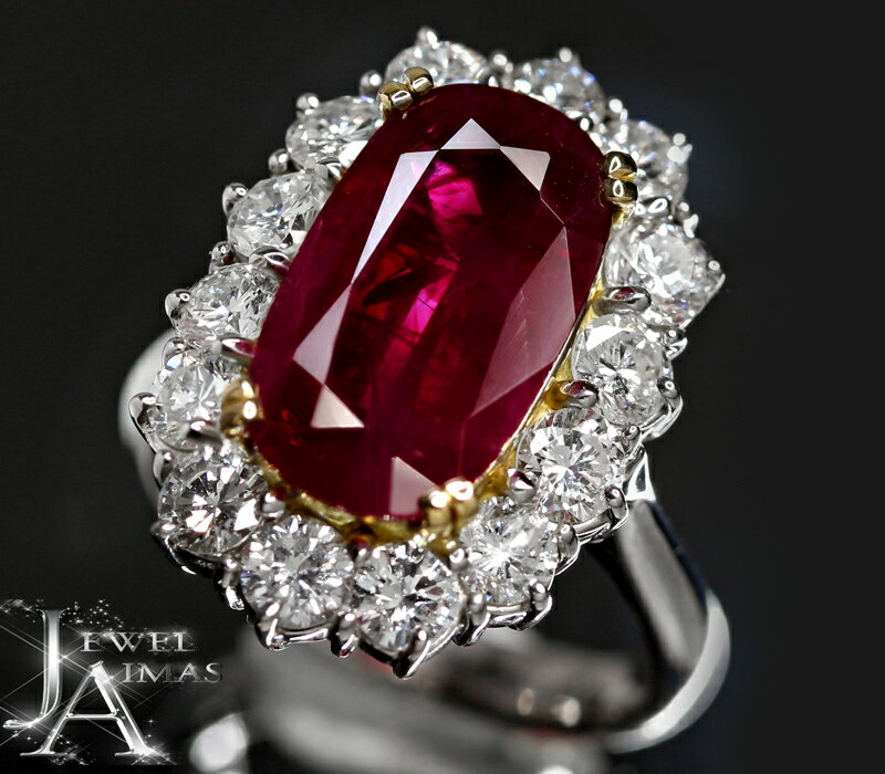 【動画】ミャンマー(ビルマ)産ルビー ピジョンブラッド 6.28ct リング 16号 K18WG/YG 18金ホワイトゴールド/イエローゴールド ダイヤモンド ...