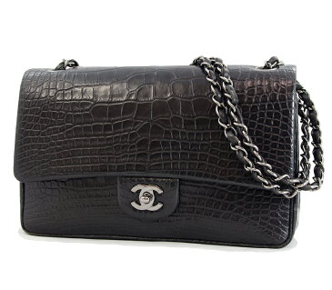 ★大幅値引き！★【CHANEL】　シャネル　マット クロコダイル　マトラッセ　Wフラップ　チェーン ショルダー　バッグ　ブラック　黒　ガンメタル 金具　【中古】　Matelasse　Black　Double Flap Chain Shoulder Bag