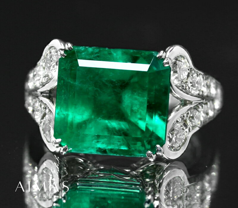 コロンビア産ビビッドグリーンエメラルド 6.77ct リング 13号 PT900 プラチナ 指輪 ダイヤモンド 取り巻きなし F1マイナー/Minor 産地証明...