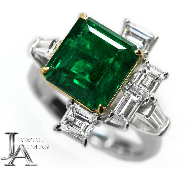 ザンビア産インテンスグリーンエメラルド 4.21ct リング 12号 PT900/K18YG プラチナ/18金イエローゴールド 指輪 ダイヤモンド スクエア F...