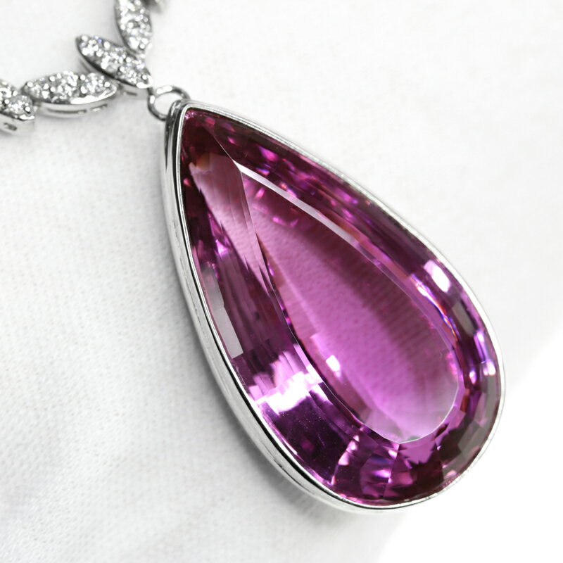 【全商品ポイント5倍!】トップカラー大粒　クンツァイト　88ct　ダイヤモンド　3ct　ピンク　ペアシェイプ　ネックレス　PT900/K18WG　プラチナ　ホワイトゴールド【中古】【ジュエリー】RME.I