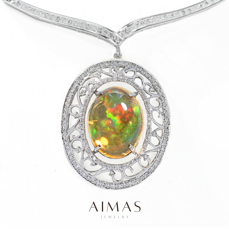 Opal - メキシコオパール 20.23ct ネックレス PT850/K18WG PT900 プラチナ 18金 ホワイトゴールド ダイヤモンド ファイアオパール ファイヤーオパール カボション アラベスク 透かし装飾 10月誕生石 特大 大粒 豪華 遊色効果 【中古】【ジュエリー】【送料無料】RRR.I