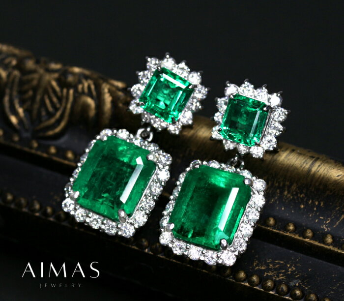 【セール!】コロンビア産エメラルド 3.74ct/3.63ct(計7.37ct) 0.9ct/0.87ct(計1.77ct) ダイヤモンド 0.69ct/0.69ct(計1.38ct) ビビッドグリーン 揺れる F1マイナー/minor エメラルドピアス PT900 プラチナ＜AIGS鑑別書＞ 緑玉【新品】【ジュエリー】【送料無料】RME.I