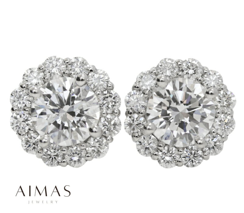 【セール】メインダイヤモンド 0.617ct (G SI1) /0.616ct (G SI2) ピアス PT900 プラチナ ダイヤ取り巻き ヘイローデザイン ...