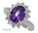 スリランカ産パープルスターサファイア 3.89ct リング 14.5号 PT900 プラチナ ダイヤモンド 指輪 非加熱サファイア カボション ダイヤ取り巻き 産地証明 3ctアップ 9月誕生石 ノーヒート/unheated <AIGS鑑別書>【中古】【ジュエリー】【送料無料】RYE.MI
