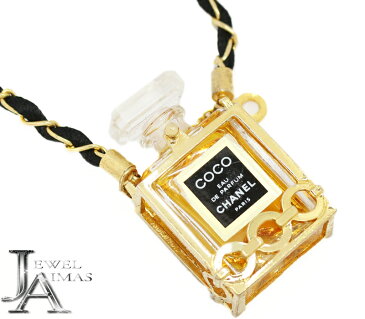 【CHANEL】シャネル COCO　ミニボトル　香水　ミニボトル パフューム ゴールド チェーン　ネックレス　ペンダント　ゴールド×ブラック　レザーチェーン　ゴールドメッキ　YGP【中古】MEJE