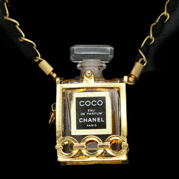 【CHANEL】シャネル COCO　ミニボトル　香水　ミニボトル パフューム ゴールド チェーン　ネックレス　ペンダント　ゴールド×ブラック　レザーチェーン　ゴールドメッキ　YGP【中古】MEJE