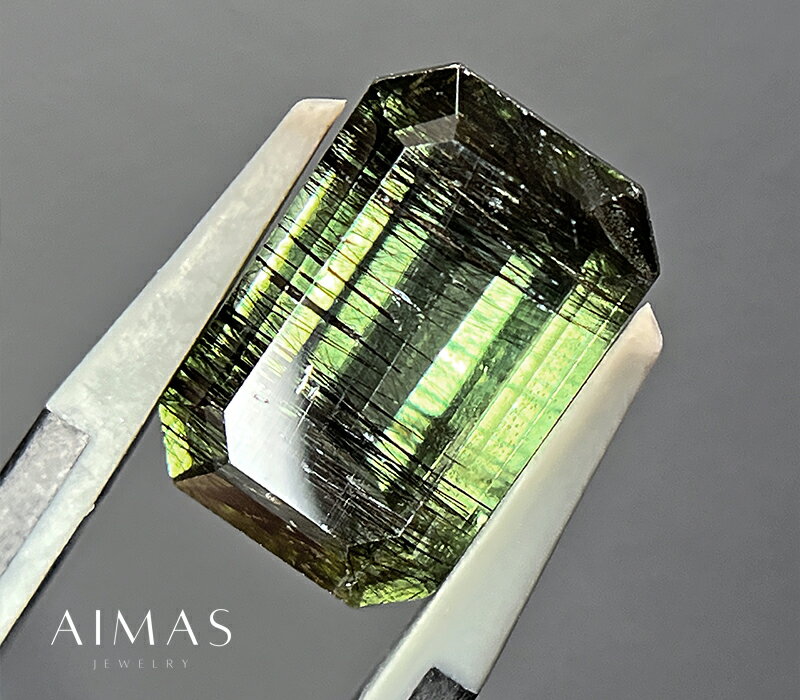 楽天アイマスルチルペリドット 6.7ct ステップカット エメラルドカット スクエア 針入り ルース 裸石 大粒 8月誕生石 【ルース】【送料無料】 RGE.E/BS 【製品へのオーダー加工承ります。】