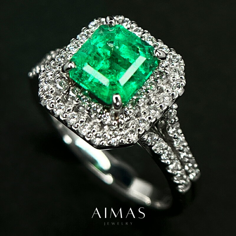 【セール】コロンビア産ビビッドグリーンエメラルド 1.56ct リング 12号 PT900 プラチナ 指輪 ダイヤモンド エメラルドカット スクエア 緑玉 二重取り巻き ダイヤ取り巻き 産地証明 マイナー/Minor 1ctアップ 5月誕生石 ＜鑑別書＞【新品】【ジュエリー】【送料無料】RLM.MA