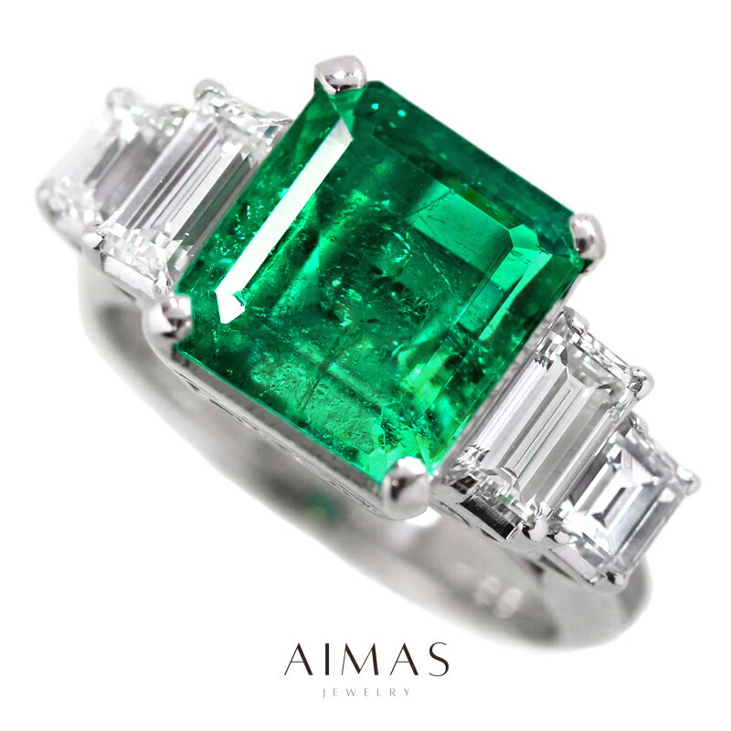 コロンビア産ビビッドグリーンエメラルド3.83ct リング 13号 PT900 プラチナ 指輪 ダイヤモンド エメラルドカット ラージメレ 男女兼用 ユニセック...