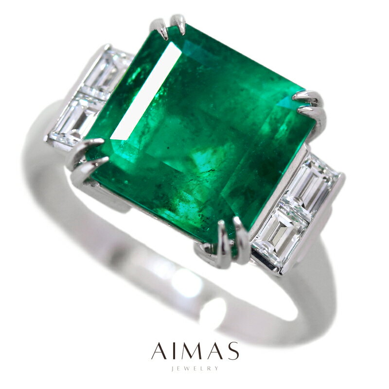 コロンビア産ビビッドグリーンエメラルド 4.27ct リング 13号 PT900 プラチナ 指輪 ムゾーグリーン エメラルドカット ダイヤモンド オールドマイン...