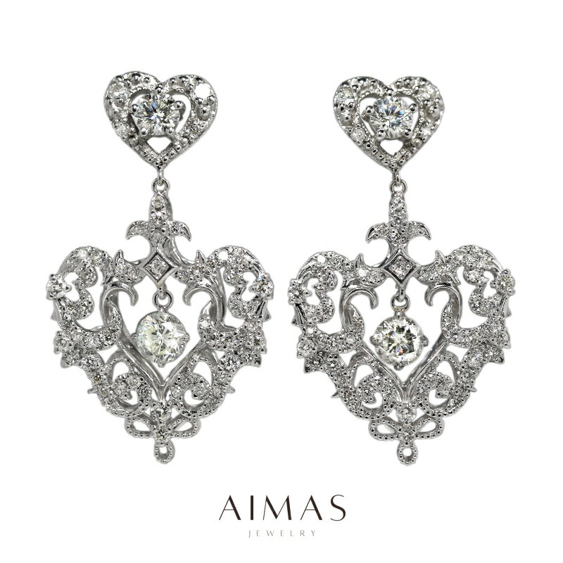 【セール】メインダイヤモンド 0.37ct/0.377ct ピアス K18WG ホワイトゴールド 18金 ハート 揺れる スイング 立体 透かし装飾 ミル打ち ...