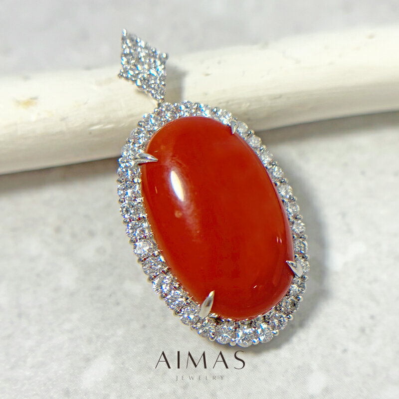 赤珊瑚 14.41ct ペンダントトップ PT950 プラチナ ダイヤ取り巻き ヘイロー ダイヤモンド カボション オーバル 赤サンゴ 赤さんご ペントップ 赤珊瑚ペンダントトップ プレゼント 大粒 3月誕生石 ＜ソーティング＞ 【新品】【ジュエリー】【送料無料】RLR.R