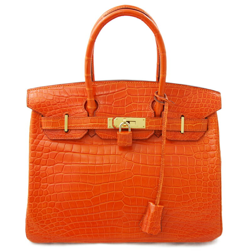 【HERMES】エルメス バーキン 30 クロコダイル ポロサス マット ハンド トート バッグ オレンジ ゴールド 金具 バーキン30 Birkin30【中古】