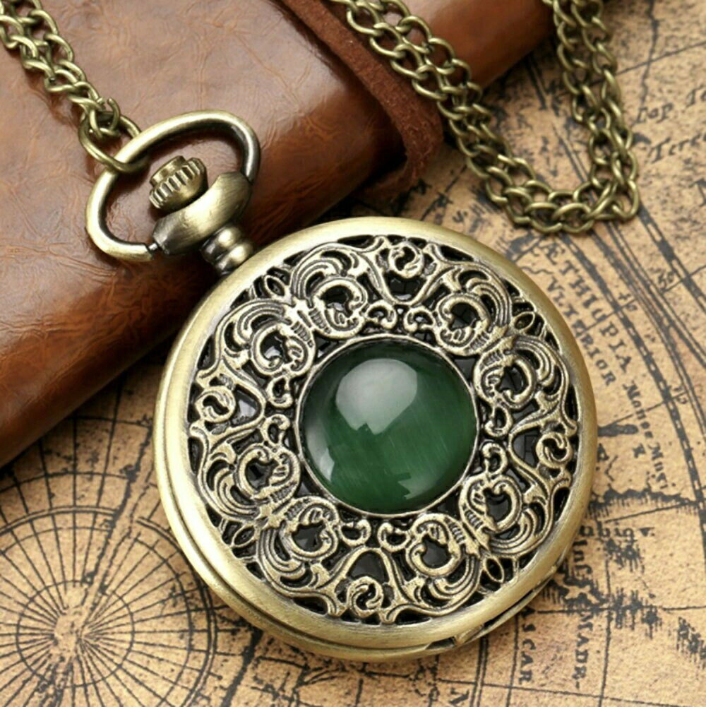 懐中時計 エメラルド ストーン アンティーク ゴールド チェーン付き 高耐久 文字盤 メンズ レディース ユニセックス レトロ クラシック ヴィンテージ感 ペン...