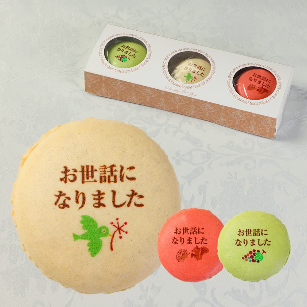 お世話になりました マカロン Bタイプ 3個入り 個包装 短納期 | メッセージ入り スイーツ お菓子 詰め合わせ 文字入り お祝い 内祝い 御礼 お返し 感謝 祝い ギフト プレゼント 出産 結婚 定年 退職 離職 転職 栄転 送別 会 引越し 引っ越し ご挨拶