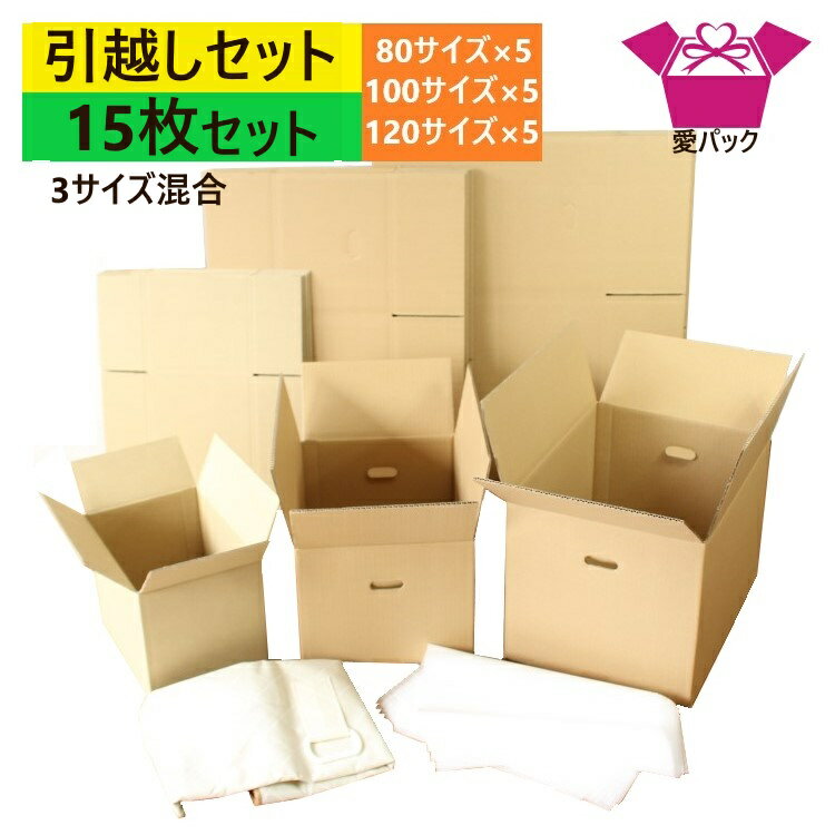 引っ越しセット ダンボール 段ボール 3サイズ混合 15枚入 (80/100/120サイズ各5枚+発泡シート30枚+布団袋) 単身向け お1人用 日本製 ダンボール箱 段ボール箱 持ち手付き (100/120) 梱包用 発送用 宅配 引越し 引っ越し 単身 単身者 収納