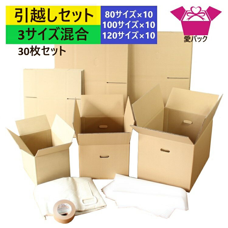 引っ越しセット ダンボール 段ボール 3サイズ混合 30枚入 (80/100/120サイズ各10枚 クラフトテープ1巻 発泡シート30枚 布団袋) ファミリー向け 日本製 ダンボール箱 段ボール箱 持ち手付き (100/120) 梱包用 発送用 宅配 引越し 引っ越し 家族 家族用 収納