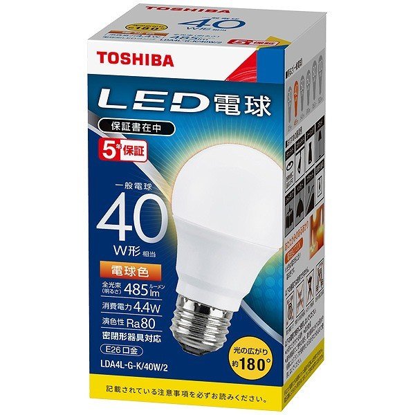 LED電球 LDA4L-G-K/40W-2 東芝ライテック 一般電球形 電球色 40W形 広配光 (LDA4LGK40W2) LDA5L-G-K/40Wの後継機種