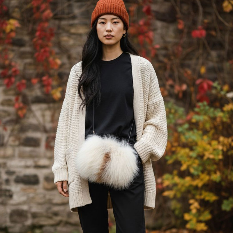 毛皮バッグ　フォックスファー　2wayポシェットL　キツネ　おしゃれ　ハンドバッグ　ショルダー　パーティバッグ　毛皮　本物　送料無料　日本製