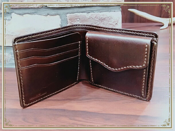 本革製 2つ折り財布(小銭入れ付き)　フェザーカット　ハンドメイド　ハーマンオー...