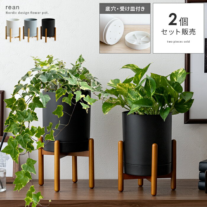 植木鉢 フラワーポット プランター 鉢植え おしゃれ 受け皿付き 一体型 フラワースタンド 観葉植物 水やり 植物 花 植木 軽量 底穴 北欧 シンプル かわいい ホワイト グレー ブラック ガーデニング フラワーポット Rean〔レアン〕 2個セット販売