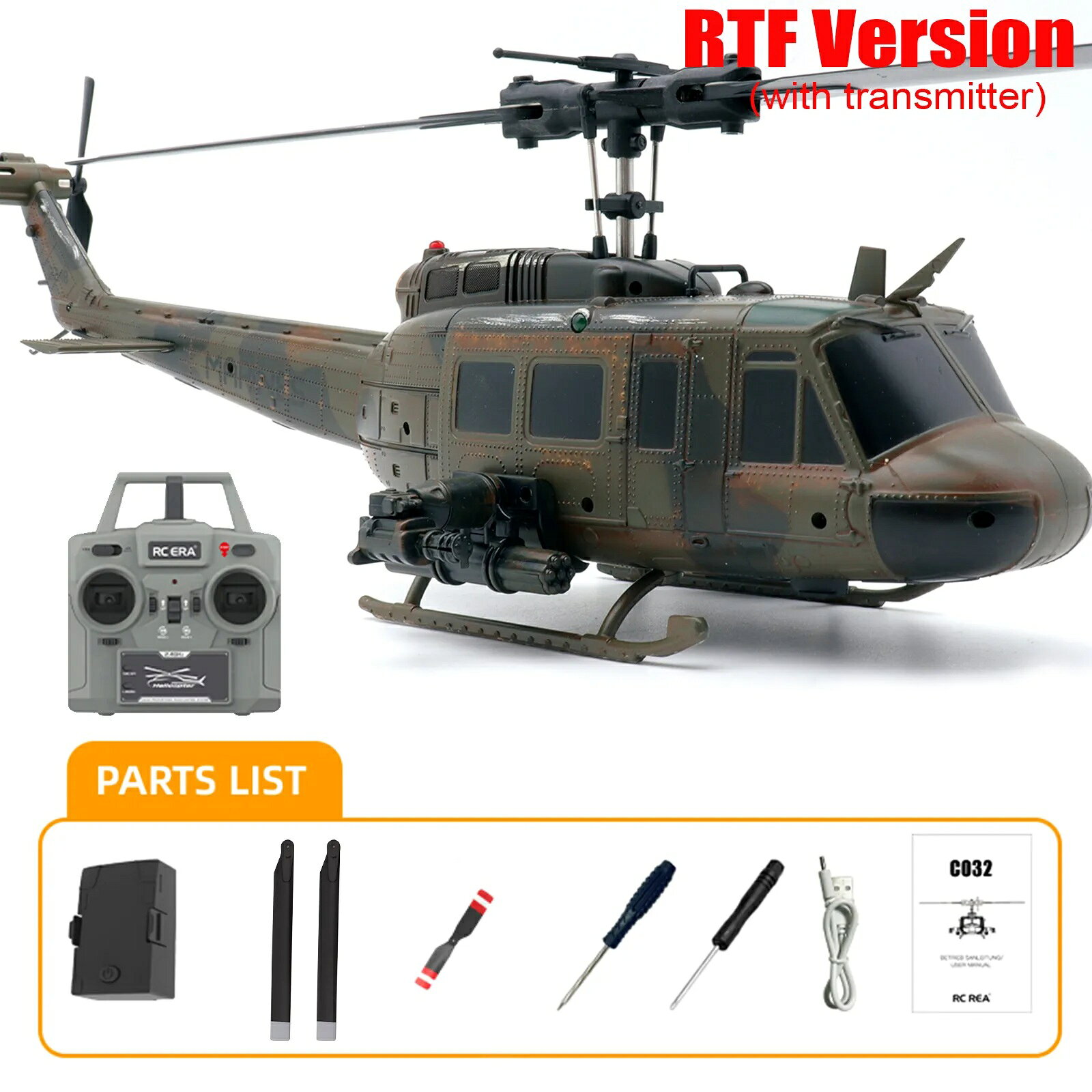 【New Color】RC ERA C032 UH-1 ヒューイ カモフラージュ 汚し塗装Ver RTF 技適付き ラジコンヘリ フライバーレス 6軸ジャイロ ブラシレスモーター 高度維持 オプティカルフロー