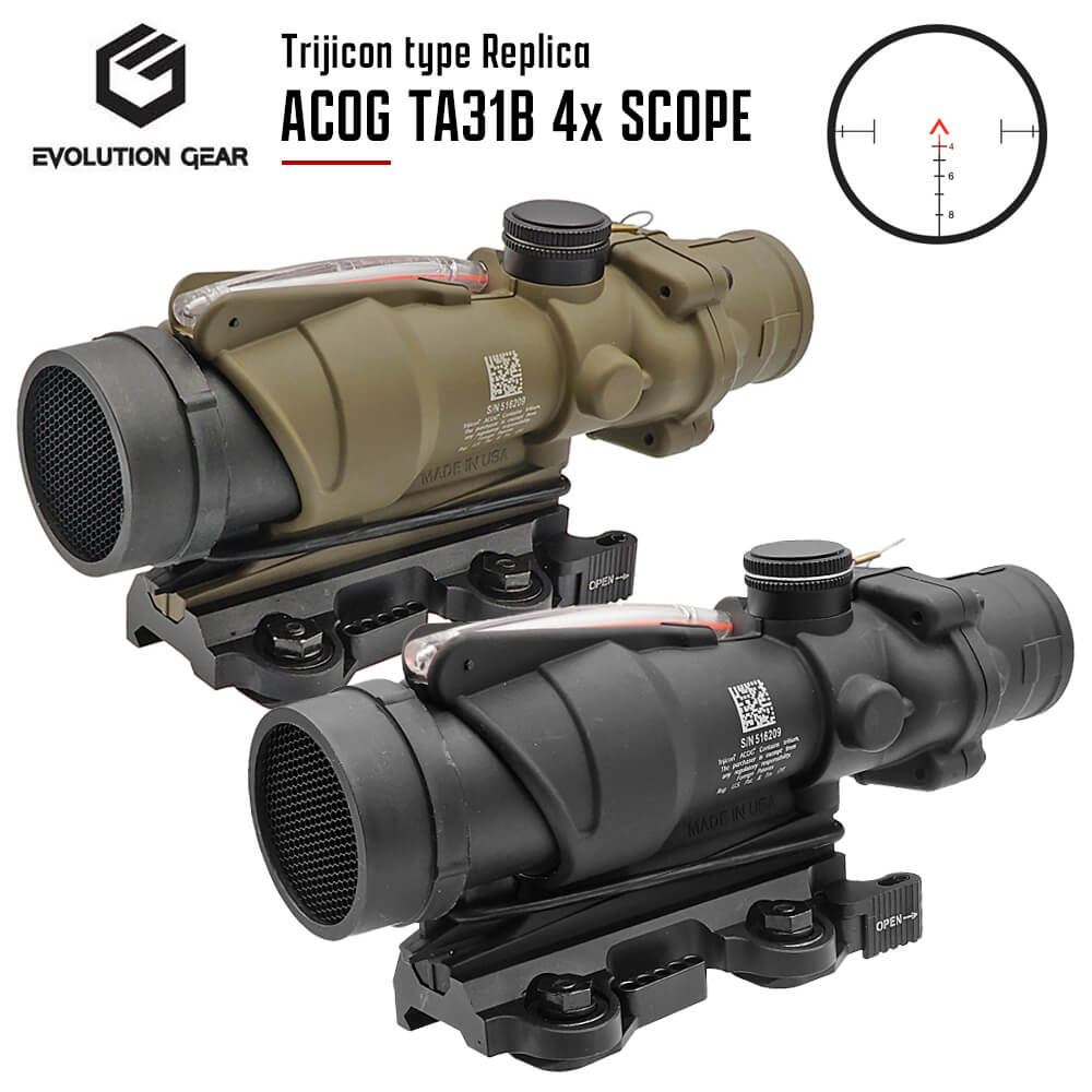 【 EVOLUTION GEAR 製】 Trijicon タイプ ACOG 4倍率 ライフルスコープ TA31B ＆ Larue QD レバーマウント LT100 ＆ キルフラッシュ セット レプリカ | トリジコン 東京マルイ エアガン エアーガン 20mmレイル レール 照準器 オプション カスタム サバゲー サバイバルゲーム