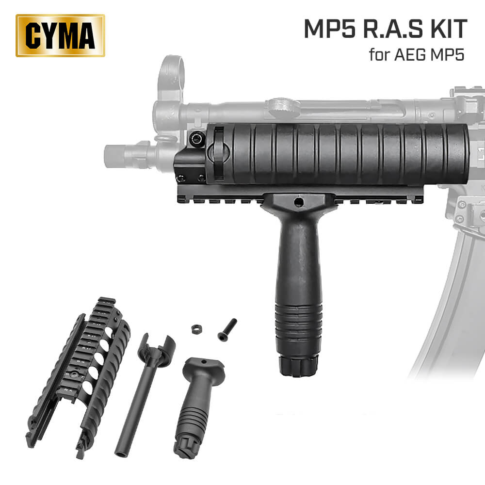 4点セット 【 CYMA 製】 電動ガン MP5シリーズ対応 RAS キット (レイルハンドガード / アウターバレル / KACタイプ フォアグリップ / レイルカバー2枚) 20mmレイル アルミ合金 / CY-C52 | 東京マルイ エアガン エアーガン カスタム パーツ レール サバゲー サバイバルゲーム