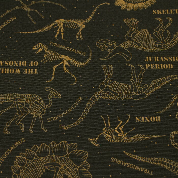 【オックス生地】恐竜 恐竜柄 カッコいい恐竜柄 恐竜の骨柄 黒色×からし色 c21－19 入園入学 男の子 小物 カバン 巾着 生地