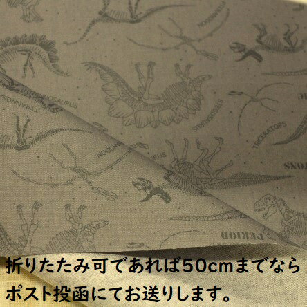 生地詳細 生地の種類 ラミネートコーティング生地 生地の素材 オックスの生地に、ラミネート加工された生地です。 生地の幅 107cm モチーフサイズ 写真を参考にして下さい 生地の厚みについて オックス 厚地 シーチング 普通地 ブロード 薄地(糸は細いが織りは細かい) キャンバス オックス程度の厚み 発送について 丸巻き、宅急便にてお送りいたします。 ※折りたたみ希望の場合は、 50cmまでならポスト投函タイプ（追跡可）にて 1mまでは、宅急便にて、お送りすることが出来ます。 ご注文の時に、選択項目の「丸巻き」「折りたたみ可」をお選びください。 ご注文していただければ、こちらで「ポスト投函タイプ（追跡可）」又は「宅急便」に変更させていただきます。 変更後、「注文確定のお知らせ」にて、ご確認ください。 【ポスト投函タイプ（追跡可）対応の数量】 ※キルティング 50cm ※オックスなど 2m ※ブロード、シーチングなど 3m ※ラミネート生地 50cm（折りたたみ可の場合） 購入数について 表示価格は1個：長さ10cmの価格を表示しています。 最低購入数は「1個」からご購入いただけます。 購入数「3個」なら30cmのご購入になります。 お読みください 染色、ロット、ディスプレー環境により、実際のカラーと異なる場合があります。 店舗在庫になるので、注文が確定してもタイミングより売り切れ、入荷待ち状態である場合があります。生地紹介 ラミネート生地　 カッコいい恐竜柄 恐竜の骨柄 茶色がかったグレー色 R－281 つやなし 素材　綿100%のオックス生地にラミネート加工された布です。 　　　　つや消しラミネートです。 カバンやランチョンマットなど小物作り使えます。 男の子用のカッコイイ恐竜柄です。 恐竜柄が好きな子におススメの柄です。 入園入学のカバンやリュックにピッタリです(^ ^) 防水。雨や水を弾いてくれる布です。　　　　　　　・布幅　107cm 柄が大きいので、カットの場所によって柄が多少変わります。 **注意** 　・ラミネート加工された布はアイロンを使うと表面が溶けます。 *ラミネート生地を縫う時のテクニック。 　・テフロン押さえに変えるととにかく縫いやすいです。 　・仮止めクリップで止める。 　　　　　(待ち針ではとめにくく、針が曲がります) 　・シリコンペンを、今使っている押さえの裏に塗る。 　　　　　(送りが悪くなったらまた塗ってください) ランチョンマットは、切りっぱなしでもOK ＊消毒する場合、アルコールや次亜塩素酸を直接かけるのは、あまりよくないですが、 ティッシュや布に吹きかけてから拭き取ってください。 ちなみに、私はウエットティッシュのアルコールタイプを使って拭き取っています（＾0＾） ＊見本の作品は、雨の日も、雪の日も、体操服が濡れないように水をはじいてくれる、 ランドセルの上から背負う、ビニールリュックです。 一つあると便利ですよ（＾0＾） 10cm単位で購入可能です。 購入数「3個」なら30cmのご購入になります。 ・丸巻き、宅急便にてお送りいたします。 ※折りたたみ希望の場合は、50cmまでならポスト投函タイプ（追跡可）にて 1mまでは、宅急便にて、お送りすることが出来ます。 ご注文の時に、選択項目の「丸巻き」「折りたたみ可」をお選びください。 ご注文していただければ、 こちらで「ポスト投函タイプ（追跡可）」又は「宅急便」に変更させていただきます。 ＊折りたたみ可　50cmまで　「ポスト投函タイプ（追跡可）」（330円） ＊折りたたみ可　1mまで　　「宅急便」（550円） 変更後、「注文確定のお知らせ」にて、ご確認ください。 （北海道、沖縄、離島一部地域は、追加料金がかかる場合があります） 　　柄違いはこちらから 　男の子柄はこちらから　　　　女の子柄はこちらから　　　定番（無地、水玉）柄はこちらから キルティング生地はこちらから　　ラミネート生地はこちらから　　　柄生地はこちらから 　　　　　 裏布、内袋にお勧めの生地 チェック生地はこちらから　　　水玉生地はこちらから　　　無地シーチング生地はこちらから